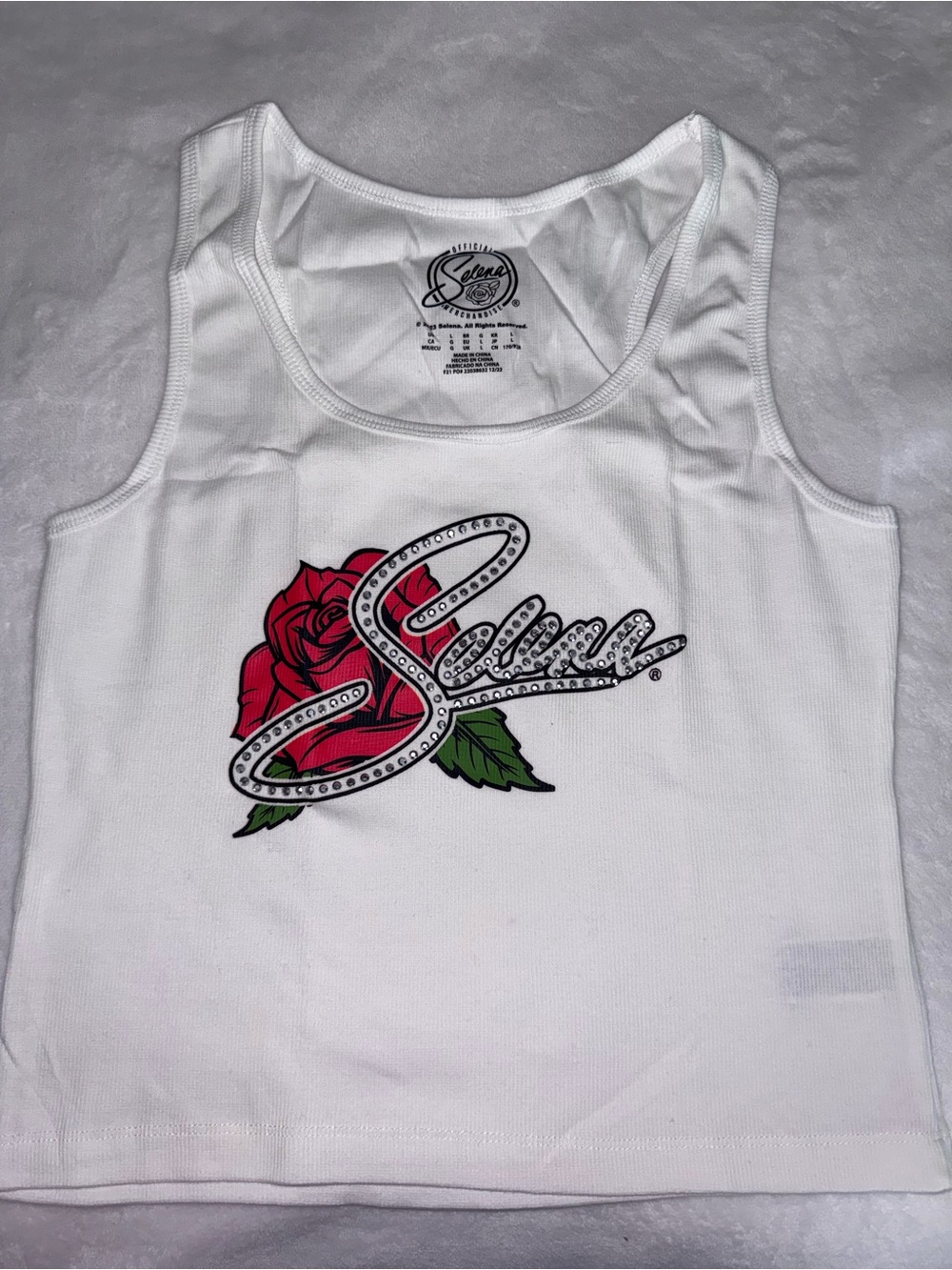 NWOT Forever 21 X Selena White Tank with Embellished Script and Red Rose